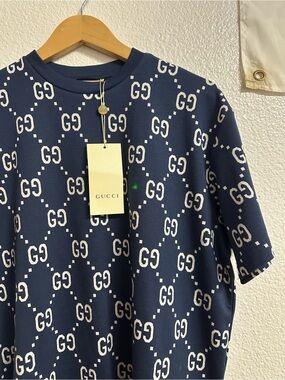 Gucci Navy & White GG-Pattern Short Sleeve Tee
